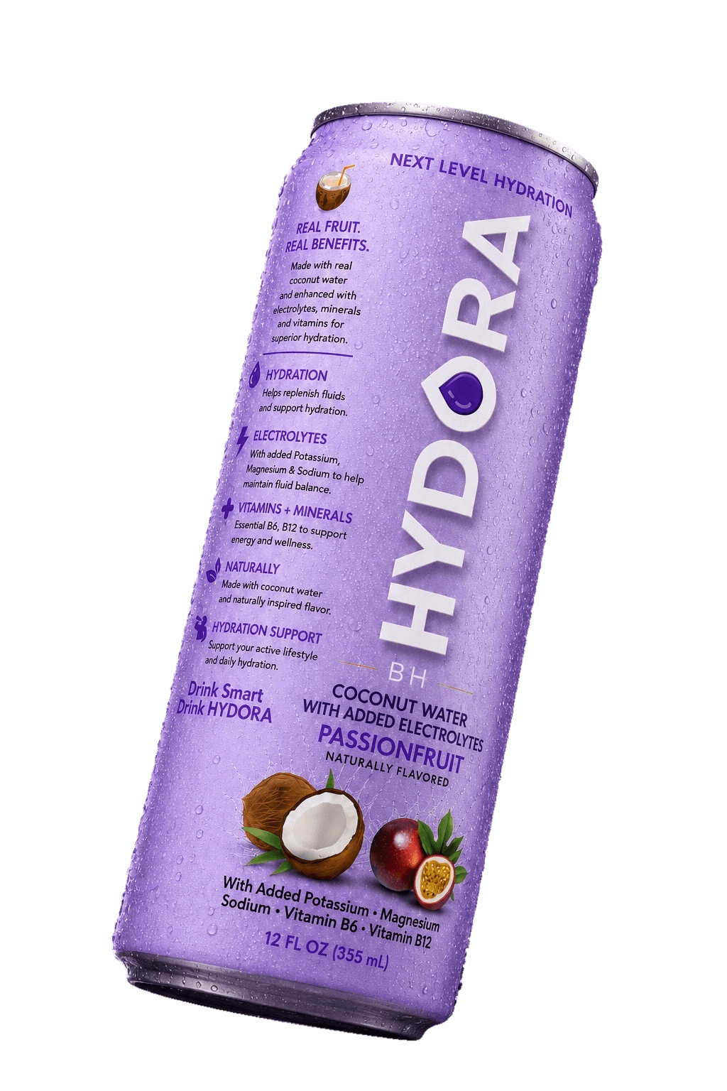 A can of HYDORA Passionfruit coconut water with added electrolytes.