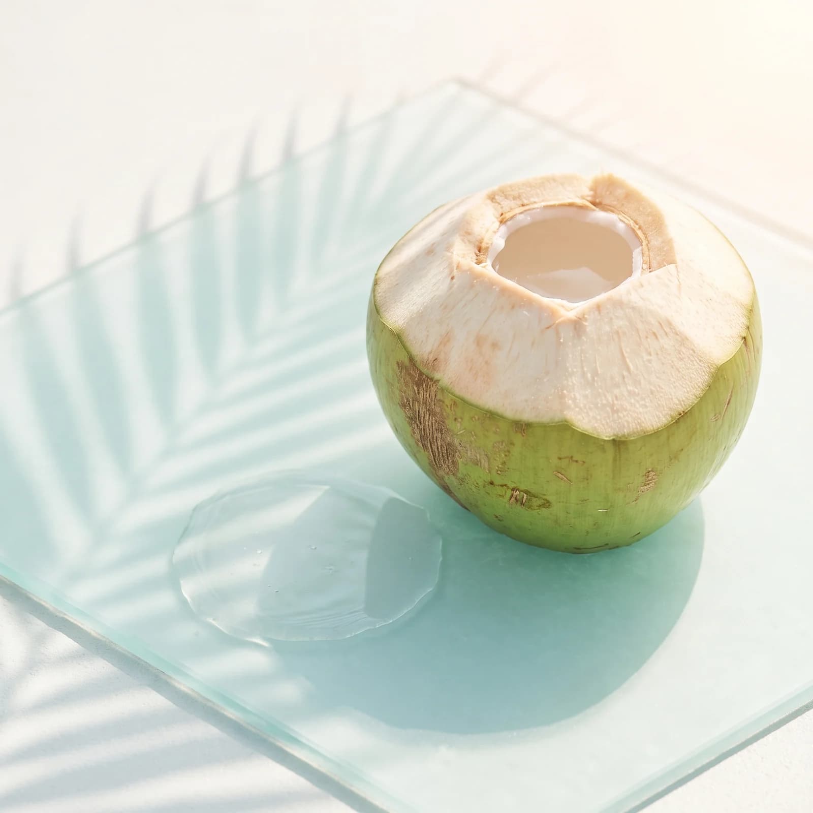 Fresh coconut water in an opened coconut, in natural sunlight